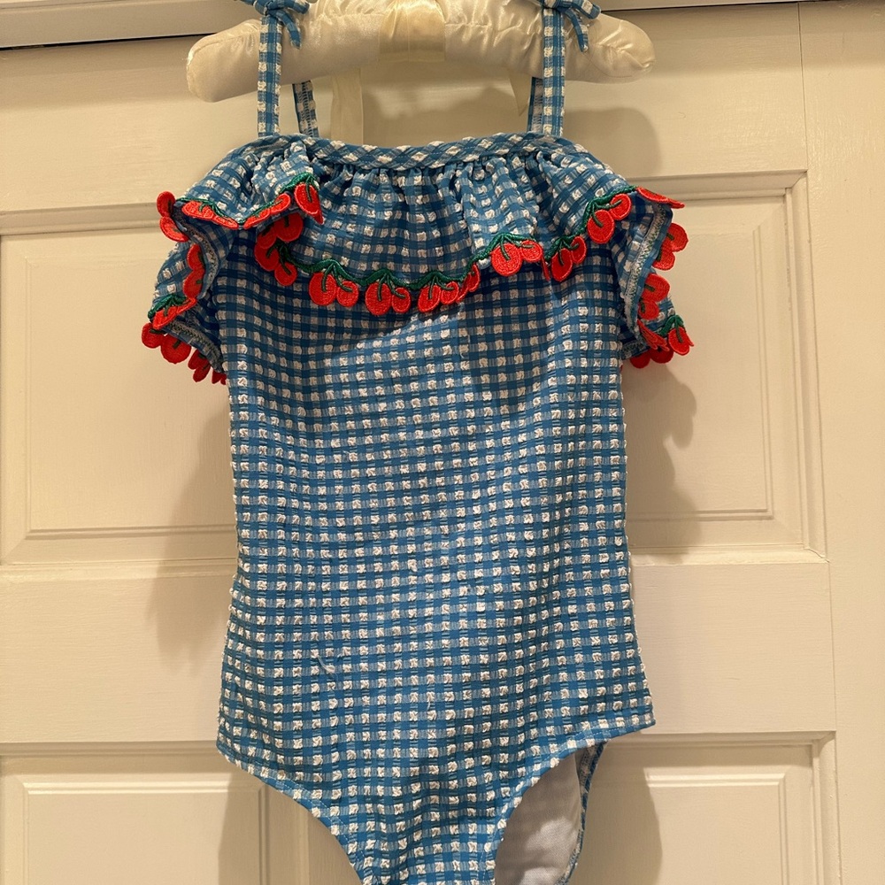 Mini Boden Blue and White seersucker cherry detail Swimsuit - Picture 4 of 7